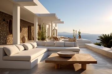 Inviting Retreat, Contemporary Residence luxury villa with large swimming pool, Luxury modern estate property on hill with stunning sea view, Summer vacation, tourism, generative ai.