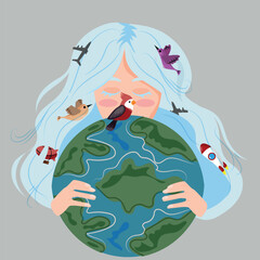element of air in the form of a girl with blue hair and birds, airplanes, a rocket in it, hugging the planet, vector illustration