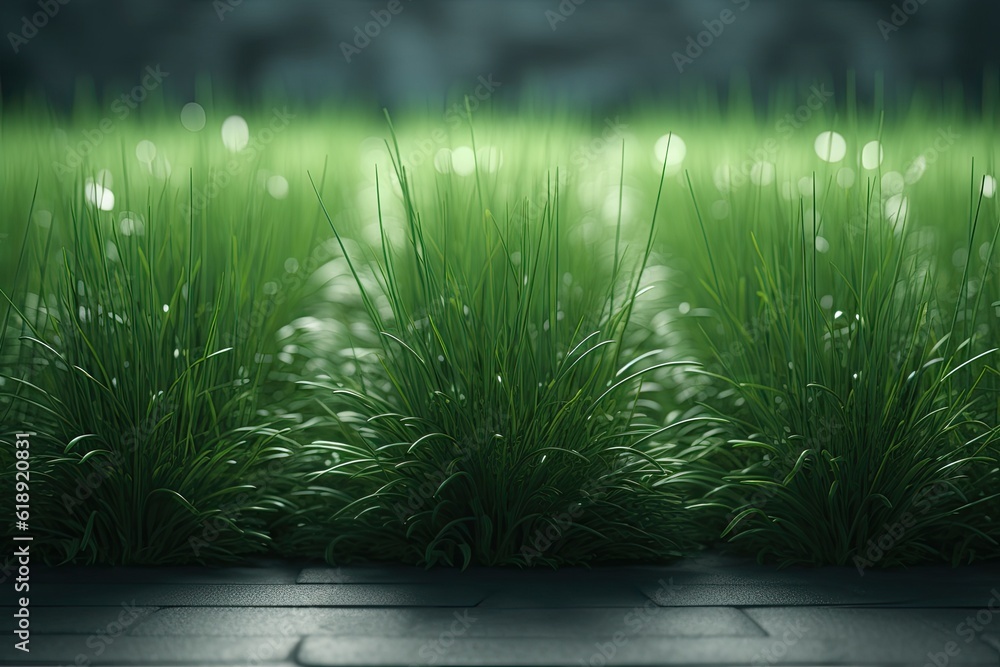 Poster lush green field with tall grass in the foreground and trees in the background