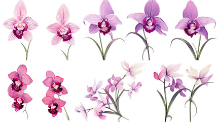 Fototapeta na wymiar a collection of hand drawn orchids flowers isolated on a transparent background, generative ai
