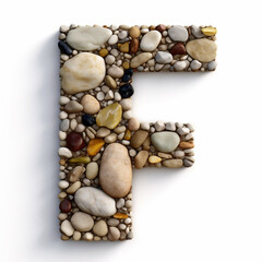 Fototapeta na wymiar Letter F in the Roman alphabet made of stones on white background. Generative ai.