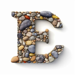 Letter E in the Roman alphabet made of stones on white background. Generative ai.