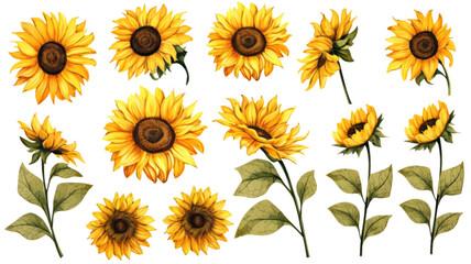 a collection of hand drawn sunflowers flowers isolated on a transparent background, generative ai
