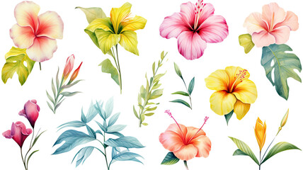 a collection of soft watercolor tropical flowers isolated on a transparent background, generative ai