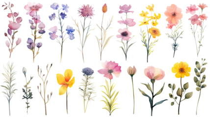a collection of soft watercolor wildflowers flowers isolated on a transparent background, generative ai