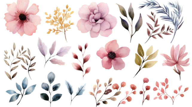 a collection of soft watercolor winter flowers isolated on a transparent background, generative ai