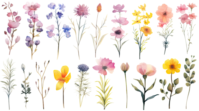 a collection of soft watercolor wildflowers flowers isolated on a transparent background, generative ai - Powered by Adobe