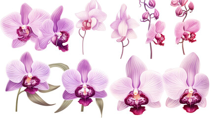 Fototapeta na wymiar collection of hand drawn orchids flowers isolated on a transparent background, generative ai
