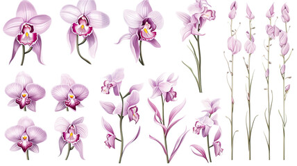collection of hand drawn orchids flowers isolated on a transparent background, generative ai