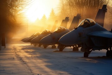 lineup of fighter jets parked on a snowy tarmac