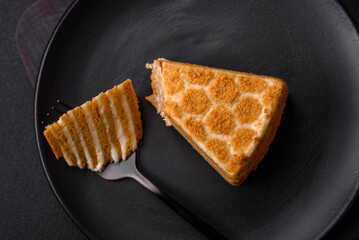 Delicious fresh sweet honey cake layer cake with white cream