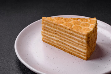 Delicious fresh sweet honey cake layer cake with white cream