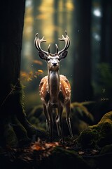 Lonely Bambi dear in a dark ominous forest dynamic photography