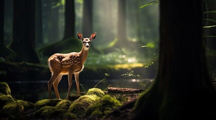 Lonely Bambi dear in a dark ominous forest dynamic photography - obrazy, fototapety, plakaty