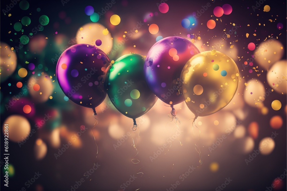 Poster a group of balloons floating in the air with a blurry background behind them and a boke of lights be