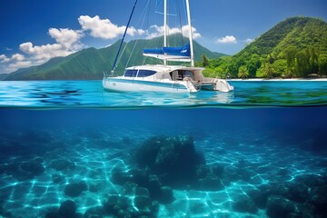 White catamaran on azure water against blue sky, Caribbean Islands or Mediterranean Sea .generative ai. - obrazy, fototapety, plakaty