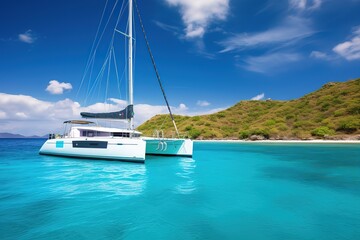 White catamaran on azure water against blue sky, Caribbean Islands or Mediterranean Sea .generative...
