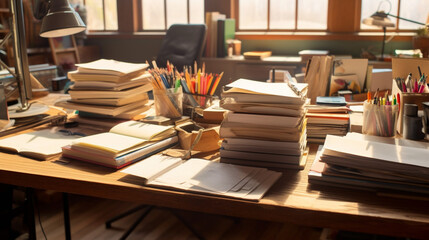 Close-up office desk with an organized stack of papers made with AI generative technology