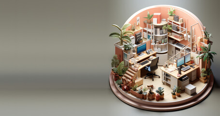 Very detailed isometric home office isolated on flat background with copy space, banner template. 3d Home office, cute room, desk, computer, chair, plants. Generative AI 3d  illustration.