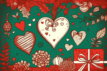Background for Valentine's Day. Hearts and gifts. Generative AI.