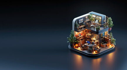Very detailed isometric home office isolated on flat background with copy space, banner template. 3d Home office, cute room, desk, computer, chair, plants. Generative AI 3d  illustration.