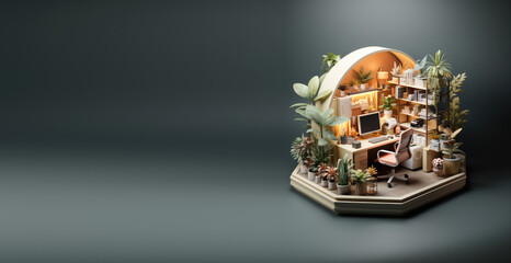 Naklejka na ściany i meble Very detailed isometric home office isolated on flat background with copy space, banner template. 3d Home office, cute room, desk, computer, chair, plants. Generative AI 3d illustration.