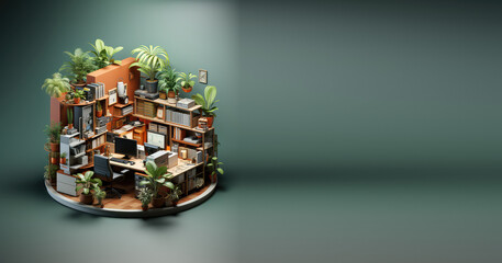 Obraz premium Very detailed isometric home office isolated on flat background with copy space, banner template. 3d Home office, cute room, desk, computer, chair, plants. Generative AI 3d illustration.