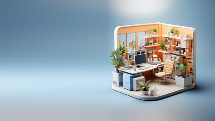 Very detailed isometric home office isolated on flat background with copy space, banner template. 3d Home office, cute room, desk, computer, chair, plants. Generative AI 3d  illustration.