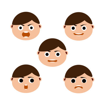 Boys character creation set. Icons with different types of faces, emotions, front. Vector illustration