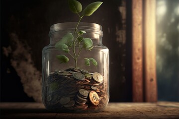 a glass jar filled with coins and a plant sprouting out of the top of the jar with leaves on top of the jar, on a wooden table in front of a dark background.