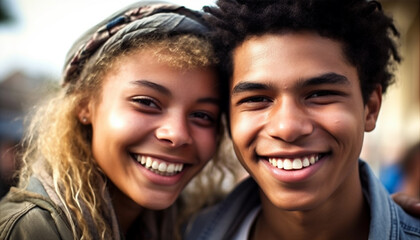 Fototapeta premium Young adults embrace in carefree happiness outdoors generated by AI