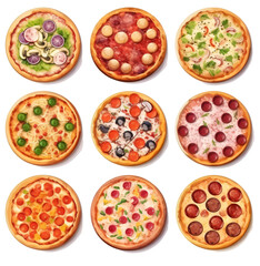 Fototapeta na wymiar Set of different types of pizza isolated on the transparent background PNG. AI generative.