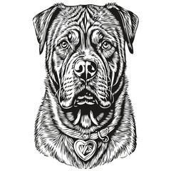 Dogue de Bordeaux dog pet silhouette, animal line illustration hand drawn black and white vector