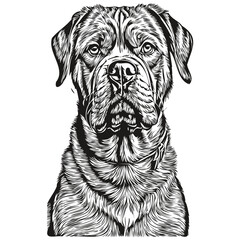 Dogue de Bordeaux dog vector graphics, hand drawn pencil animal line illustration sketch drawing