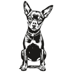 Miniature Pinscher dog pet sketch illustration, black and white engraving vector sketch drawing
