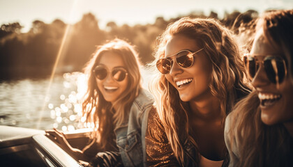 Young women on road trip, enjoying freedom generated by AI - obrazy, fototapety, plakaty