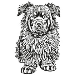 Newfoundland dog line illustration, black and white ink sketch face portrait in vector