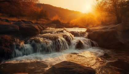 Fototapeta na wymiar Tranquil sunset over flowing mountain waterfall beauty generated by AI