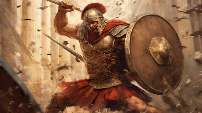 Gladiator is fighting with sword and shield made with AI generative technology