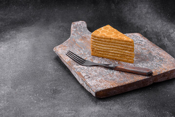 Delicious fresh sweet honey cake layer cake with white cream
