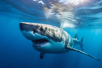 great white shark swimming in the deep blue ocean, generative ai