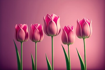 a group of pink tulips in front of a pink background with a pink wall in the background and a pink wall in the middle of the photo, with a few pink tulips in the foreground.