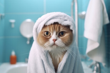 Cute cat with towel on head standing in front of mirror in bathroom. Fluffy home pet self-care morning routine