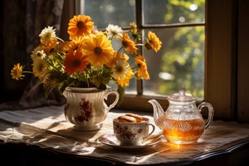 Antique vintage crystal teapot and vase with flowers on sunset windowsill. Romantic evening at home with still life of tea and cookies - obrazy, fototapety, plakaty