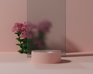 3D display podium pastel pink flower background. Nature minimal pedestal with frosted glass for beauty, cosmetic product presentation. Valentine, feminine elegant copy space template 3d render