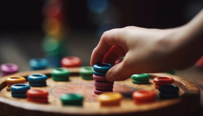 Child hand holds colorful puzzle piece triumphantly generated by AI