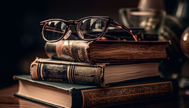 Antique eyeglasses on old book, wisdom preserved generated by AI