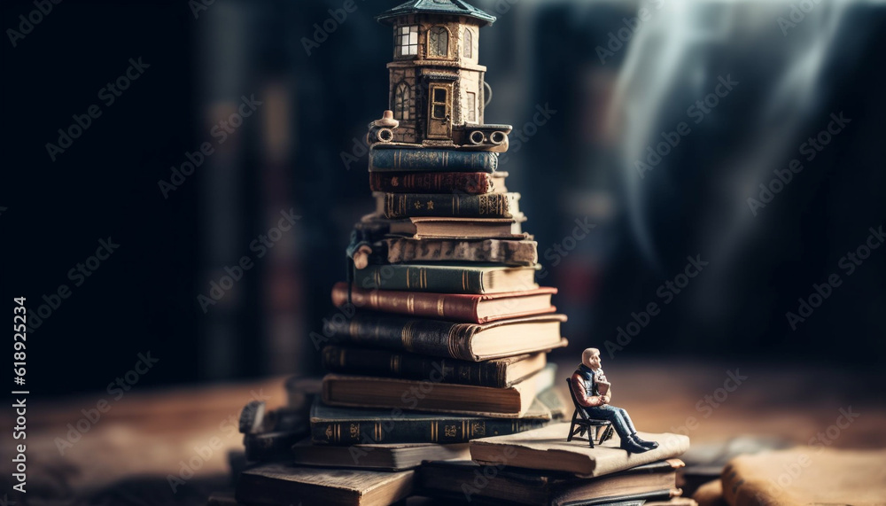 Poster stacks of old textbooks in a dim library generated by ai