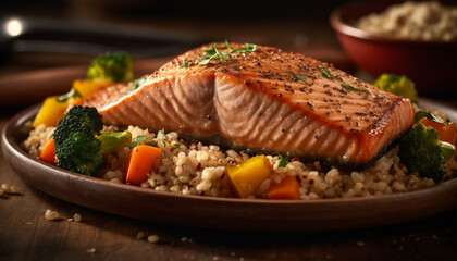 Grilled salmon fillet with rice 