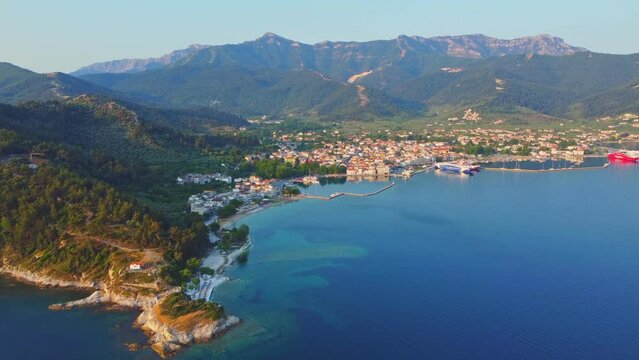 Summer morning view city and sea in Limenas, Thassos island, Greece